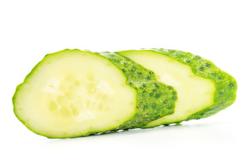 Group of two slices of fresh green pickling cucumber isolated on white background