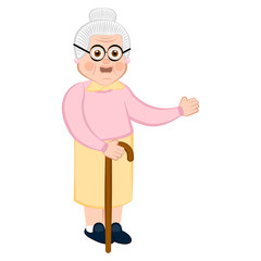Isolated grandmother cartoon with a wooden walking stick - Vector