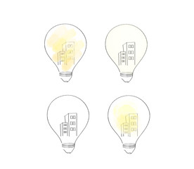 Light bulbs, Building in lamp, architecture Idea and Concept,sign symbol in watercolor, Vector illustration.