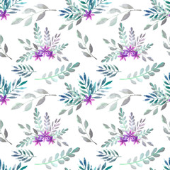 Seamless pattern with twigs and flowers on white background