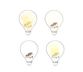 Light bulbs, house in lamp, architecture Idea and Concept,sign symbol in watercolor, Vector illustration.