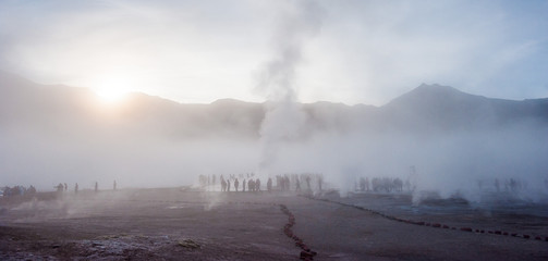 El Tatio, Atacama, Chile. Active geysers comes out of the ground. Hot vapor erupting activity,...