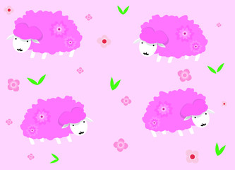 Vector illustration sakura blossoms pink sheep cartoon character design wallpaper
