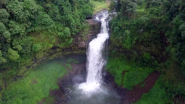 Aerial view of Tad E-tu waterfall in rainforest at Pakse and Champasak city Laos