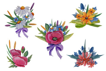 Watercolor wild flowers bouquetes. Hand drawn illustration.