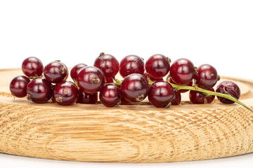 Lot of whole fresh dark redcurrant on bamboo plate isolated on white background