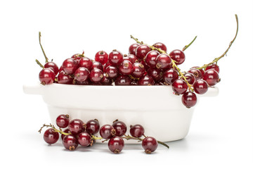 Lot of whole fresh dark redcurrant in ceramic stewpan isolated on white background