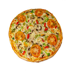 Whole vegetarian pizza with mushrooms, bell pepper, gherkins and tomatoes isolated on white background