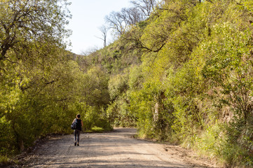 Mujer caminando por sendero en bosques serranos