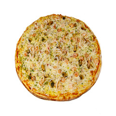 Whole seafood pizza with mussels, shrimps and squids isolated on white background