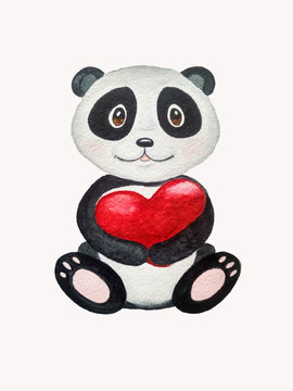 Cute panda watercolor illustration with heart isolated on white background.