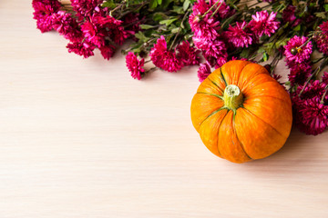 Autumn background with pumpkins and chrysanthemum flowers on the white wooden background, copy space. Concept of Thanksgiving day or Halloween. Pumpkin for autumn Harvest Festival. Autumn scene.