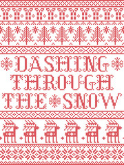 Dashing Through the Snow  pattern with Scandinavian, Nordic festive winter pasterns in cross stitch with heart, snowflake, snow, Christmas tree, reindeer, star, forest  in white and red