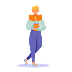 Young person reading book flat vector illustration. Student with textbook. Exam preparation. Standing man read publication, hold encyclopedia isolated cartoon character on white background