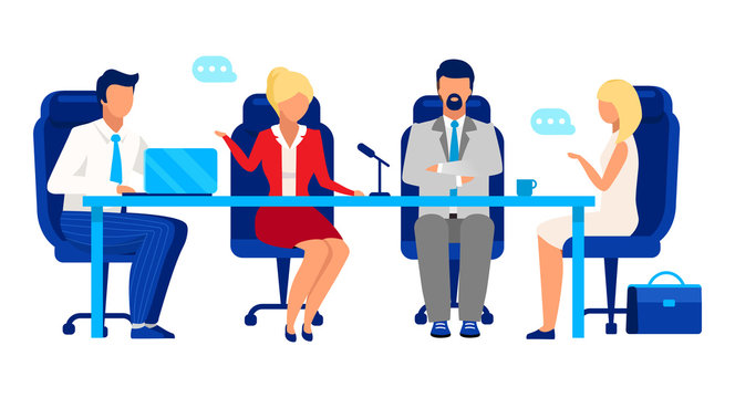 Directors board, shareholder meeting flat vector illustration. Professional businessmen and businesswomen cartoon characters. Colleagues, partners discussing business development strategy