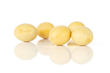 Group of five whole raw yellow soya bean isolated on white background