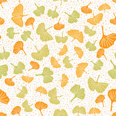 Endless pattern of ginkgo leaves and hand drawn dots. Vector seamless pattern for textile, wrapping paper, decoration, etc.