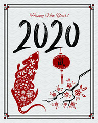 Chinese zodiac sign Year of the Rat, Red Rat, cut out of paper and Asian elements with craft style card. Happy New Year. Handwritten 2020 lettering (Chinese translation of the character: Rat)