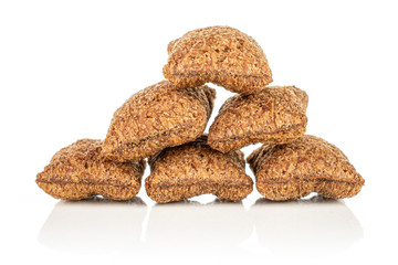 Group of six whole crispy brown cereal pillow isolated on white background