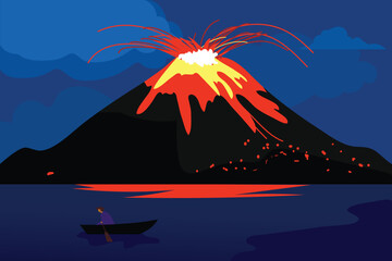 illustration the volcano erupted lava in the sea and fishermen aboard the ship © Griyolabs