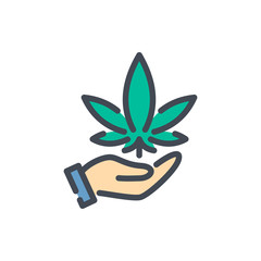 Cannabis in hand color line icon. Hand holding marijuana leaf with vector outline colorful sign.