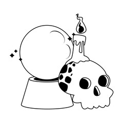halloween head skull with crystal ball and candle