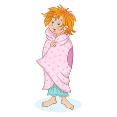 Pajama party. A cute red-haired little girl stands wrapped in a blanket. In cartoon style. Isolated on a white background.