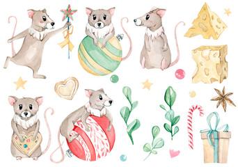 Watercolor cute cartoon christmas rat mouse and new yaer elements isolated on white background. Symbol of 2020 year.