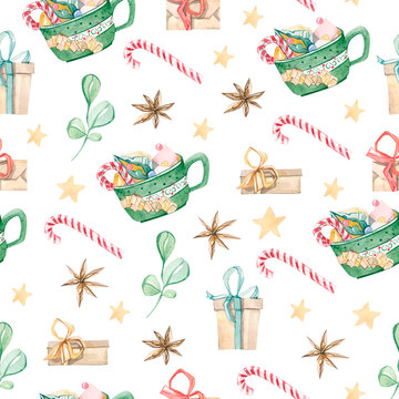 Watercolor christmas seamless pattern with decor and floral. New year ornament with gift boxes, candy canes, stars anise.