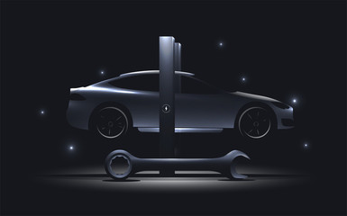 PrintCar on the lift silhouette. Repair car service vector illustration.