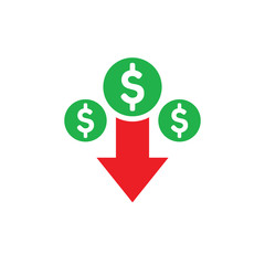Money dollar down arrow, falling finance graphic - concept icon design. Crash collapse sign. Vector illustration. 