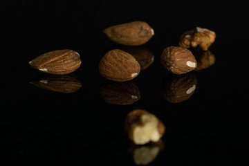 Lot of whole brown almond nut isolated on black glass