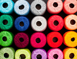 Rainbow colors yarn for knitting. Skeins of yarn.