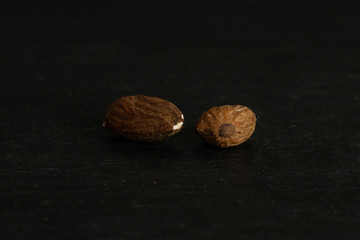 Group of two whole two in focus brown almond nut isolated on grey stone