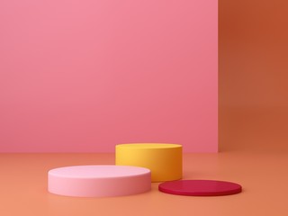 Minimal scene. Cylinder podium, abstract background. Geometric shapes. Colorful scene. Minimal 3d rendering. Scene with geometrical forms, pink and coral background for cosmetic product. 3d render. 