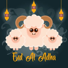 Eid al Adlha poster with ram and sheeps - Vector illustration