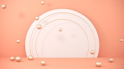 Podium, stand on pastel light, beige background with flying golden balls, spheres. Premium background for advertising goods, items, bags, shoes. Stylish trendy illustration,graphic design -3D, render.