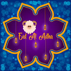 Eid al Adlha poster with arabesque, ram and lanterns - Vector illustration