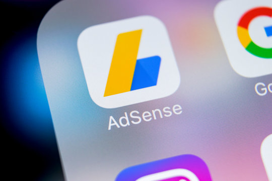 Sankt-Petersburg, Russia, March 7, 2018: Google AdSense application icon on Apple iPhone X screen close-up. Google AdSense app icon. Google AdSense application. Social media network