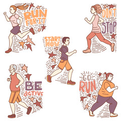 Running People Set with Lettering in Hand Drawn Doodle Style