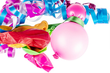 Fototapeta na wymiar Lot of whole latex pastel ballon with pink ribbon and blue ribbon flatlay isolated on white background