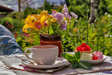 Morning tea in the fresh air on a sunny day with a dessert