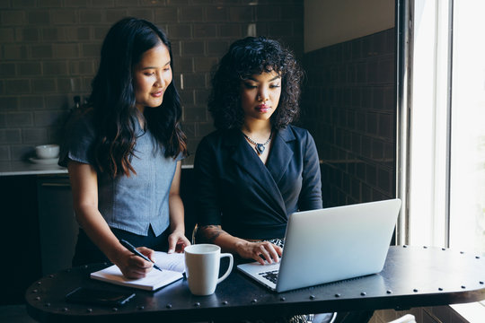 Close up view of young women coworking in modern office workspace