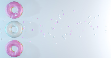 colorful donuts and negative space assorted donuts with chocolate frosted, pink glazed and sprinkles donuts  with copy space 