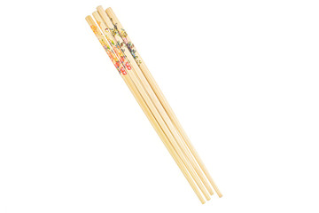 Group of four whole colorful asian brown chopsticks flatlay isolated on white background