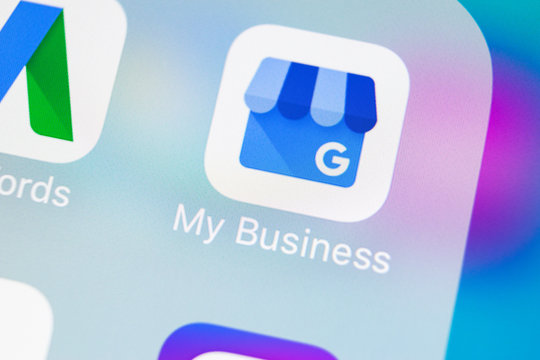 Sankt-Petersburg, Russia, March 14, 2018: Google My Business application icon on Apple iPhone X screen close-up. Google My Business icon. Google My business application. Social media network