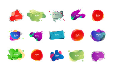 Colorful irregular shapes set. Modern abstract blob figures with sample text. Trendy minimal templates for presentations, flyers, apps and websites. Vector illustration