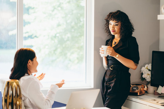 Close Up View Of Two Businesswomen Talking In Office