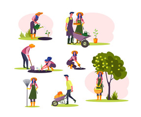 Work in garden set. Man and woman watering seedling, planting trees, picking fruits, harvesting. People concept. Vector illustration for topics like hobby, farming, orchard