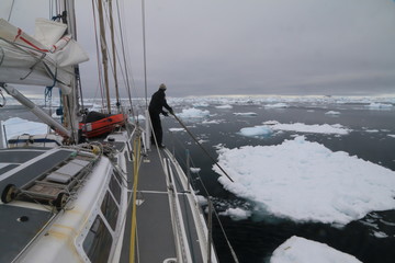 człowiek na łodzi odpychający krę lodową na zimnych wodach antarktydy - obrazy, fototapety, plakaty